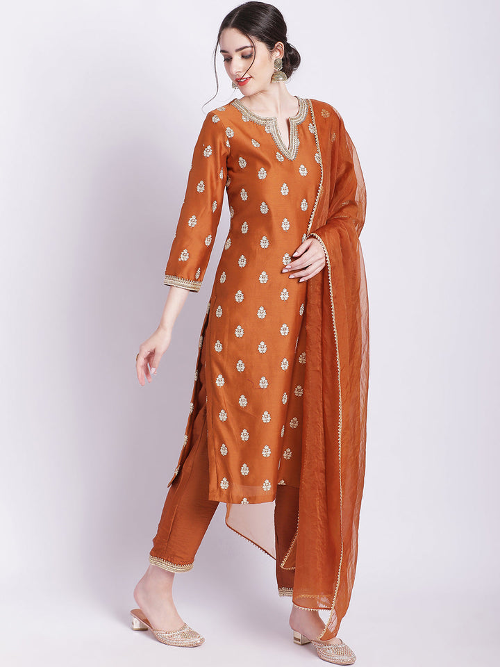 anokherang Combos Rust Elite Straight Silk Kurti with Straight Pants and Dupatta