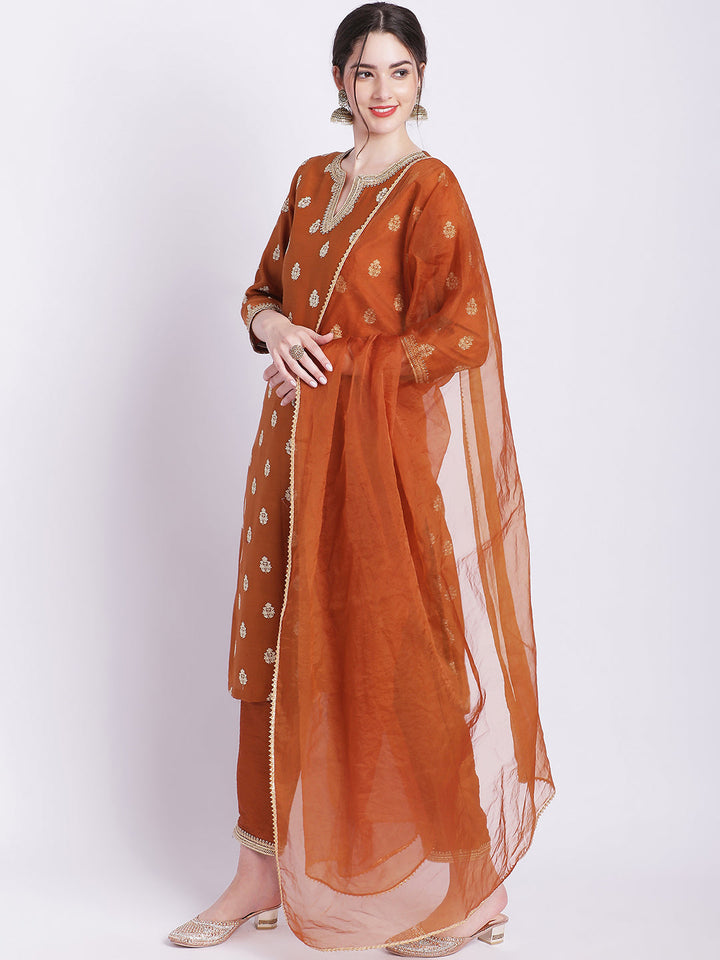 anokherang Combos Rust Elite Straight Silk Kurti with Straight Pants and Dupatta