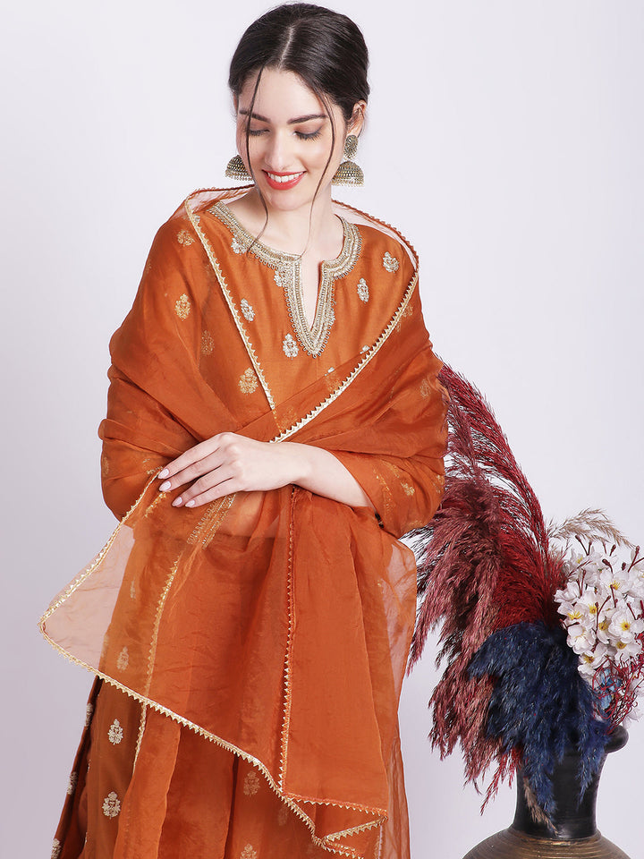 anokherang Combos Rust Elite Straight Silk Kurti with Straight Pants and Dupatta