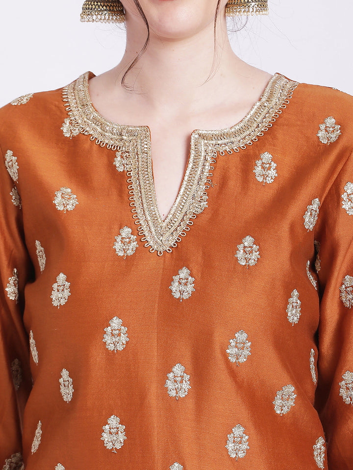 anokherang Combos Rust Elite Straight Silk Kurti with Straight Pants and Dupatta