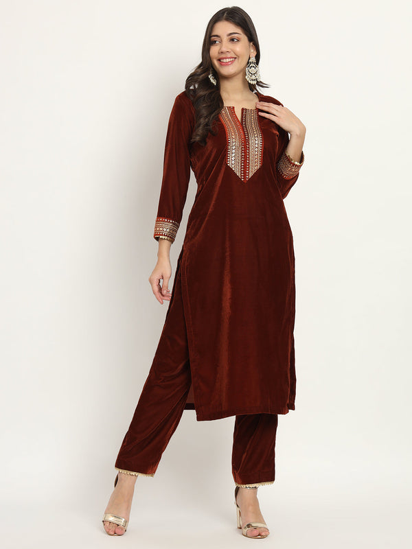 anokherang Combos Rust Festive Velvet Kurti with Pants