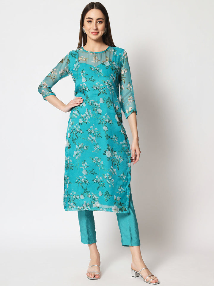 anokherang Combos Sea Green Printed Organza Kurti with Straight Pants