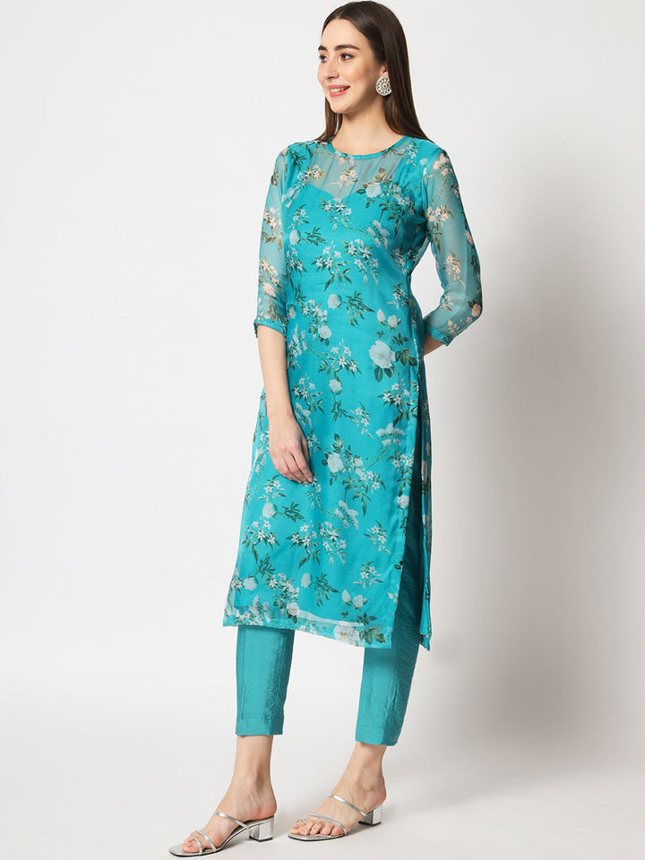 anokherang Combos Sea Green Printed Organza Kurti with Straight Pants
