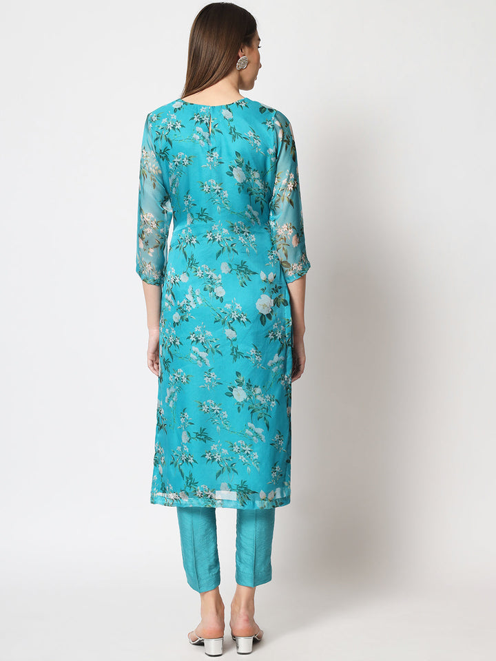 anokherang Combos Sea Green Printed Organza Kurti with Straight Pants