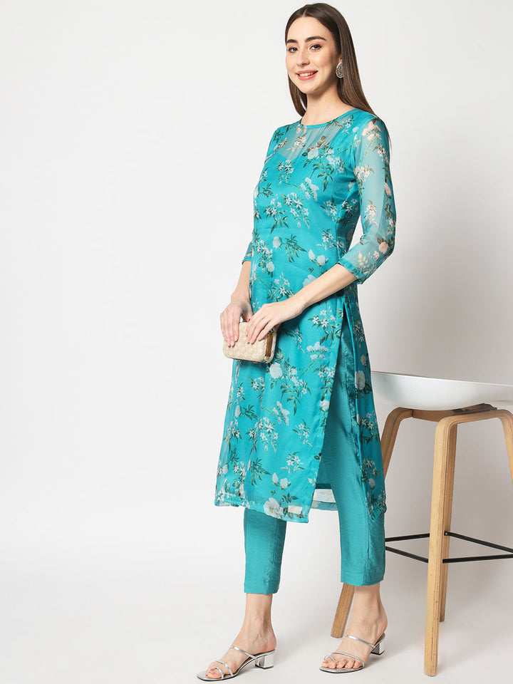 anokherang Combos Sea Green Printed Organza Kurti with Straight Pants