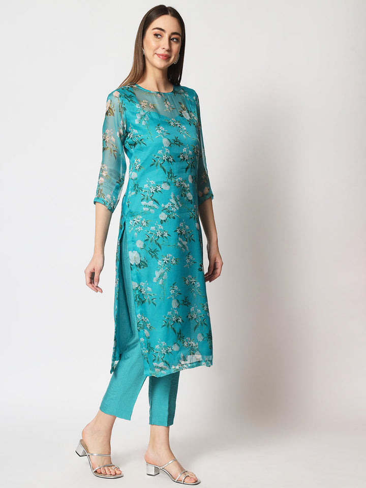 anokherang Combos Sea Green Printed Organza Kurti with Straight Pants