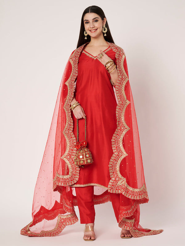 anokherang Combos Shagun Red Silk Kurti with Pants with Saubhagyavati Scalloped Net Dupatta