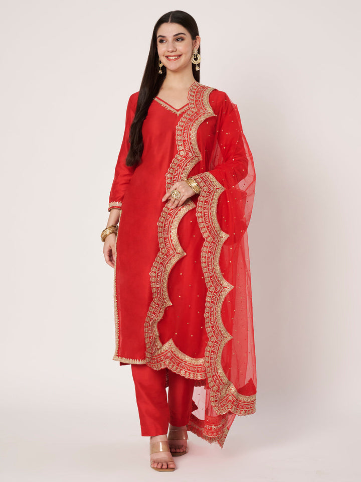 anokherang Combos Shagun Red Silk Kurti with Pants with Saubhagyavati Scalloped Net Dupatta