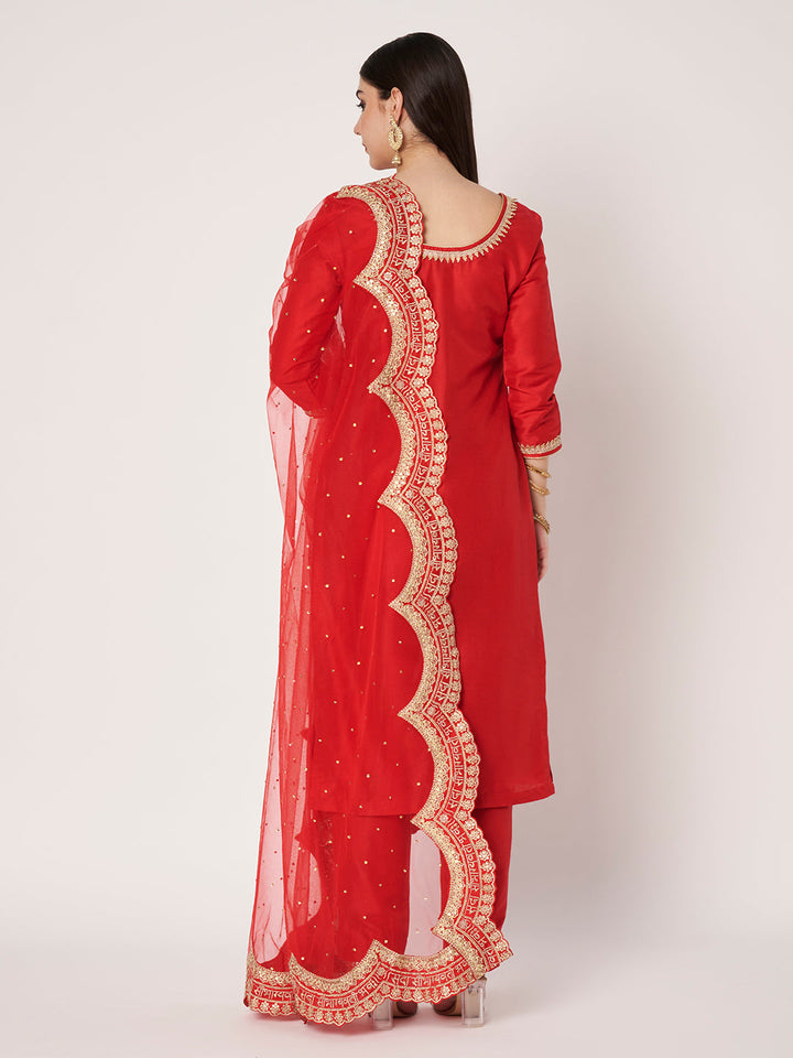 anokherang Combos Shagun Red Silk Kurti with Pants with Saubhagyavati Scalloped Net Dupatta