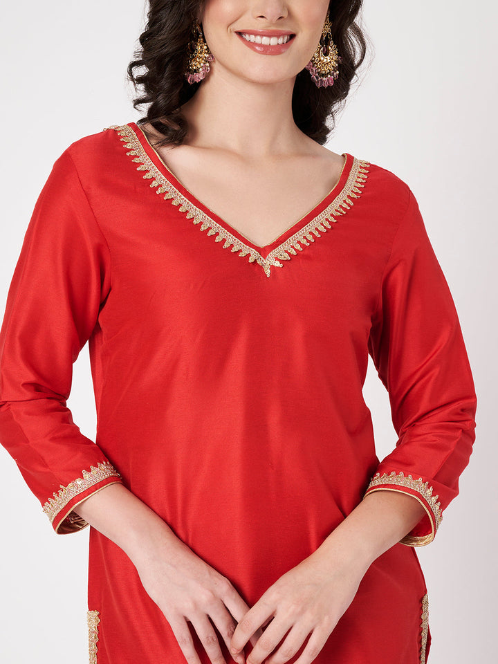 anokherang Combos Shubh Red Silk Kurti with Pants with Bridal Sequin Embellished Dupatta