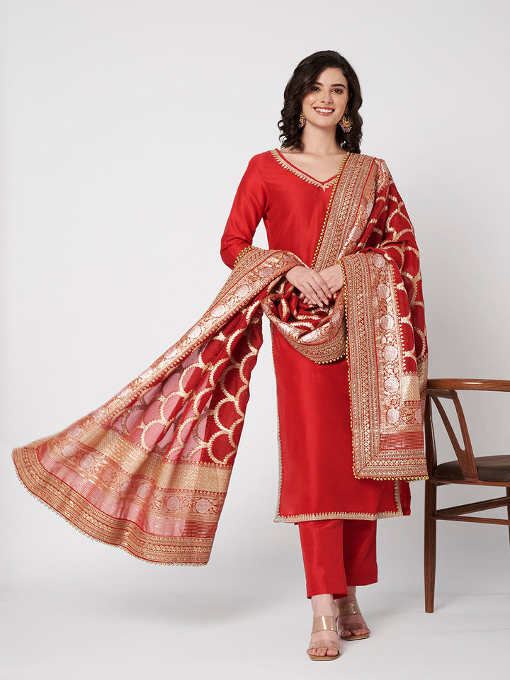 anokherang Combos Shubh Red Silk Kurti with Pants with Bridal Sequin Embellished Dupatta