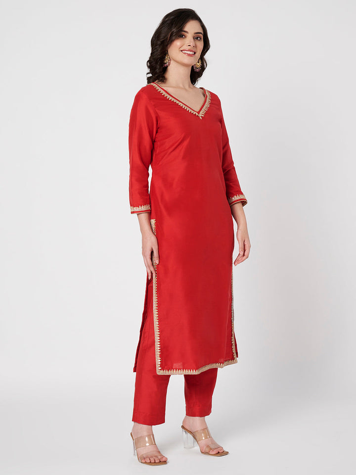 anokherang Combos Shubh Red Silk Kurti with Pants with Bridal Sequin Embellished Dupatta
