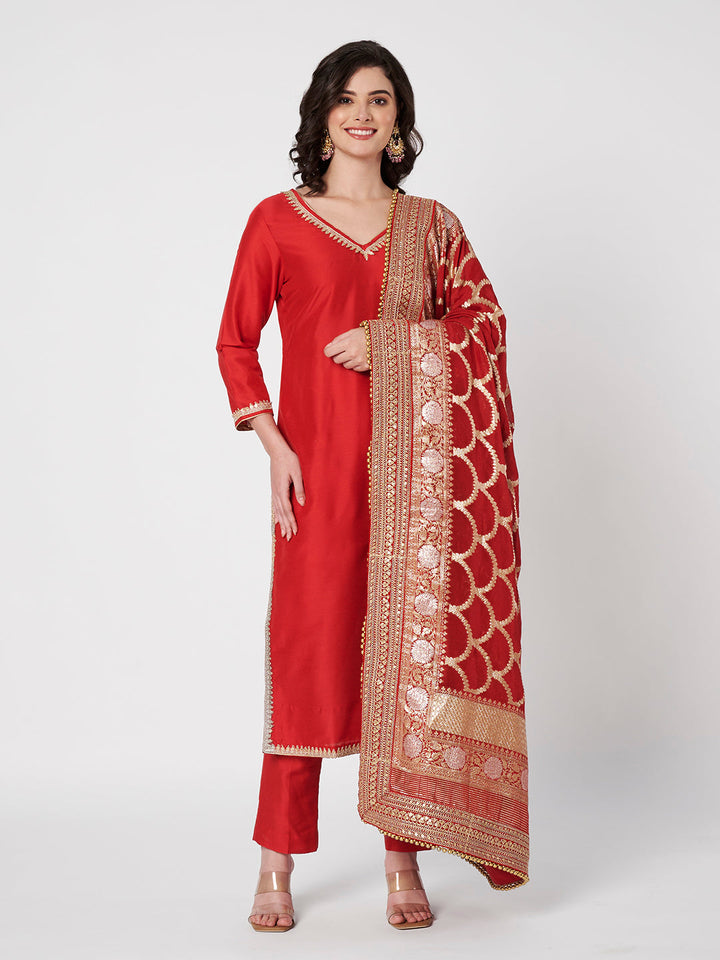 anokherang Combos Shubh Red Silk Kurti with Pants with Bridal Sequin Embellished Dupatta