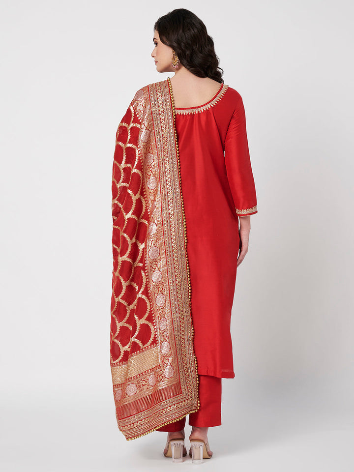 anokherang Combos Shubh Red Silk Kurti with Pants with Bridal Sequin Embellished Dupatta