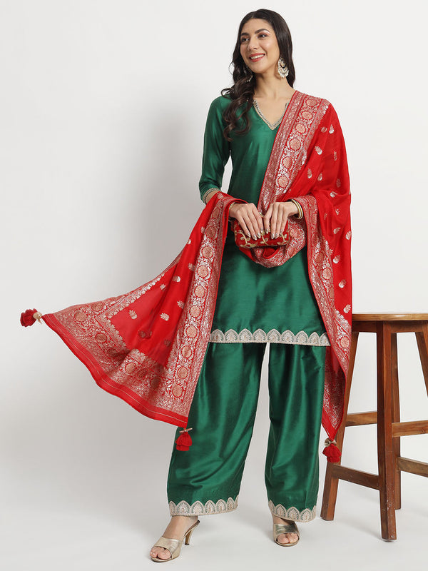 anokherang Combos Silken Shade of Green Kurti with Salwar and Red Silk Dupatta