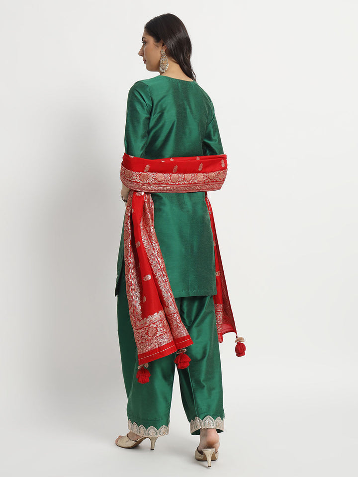 anokherang Combos Silken Shade of Green Kurti with Salwar and Red Silk Dupatta