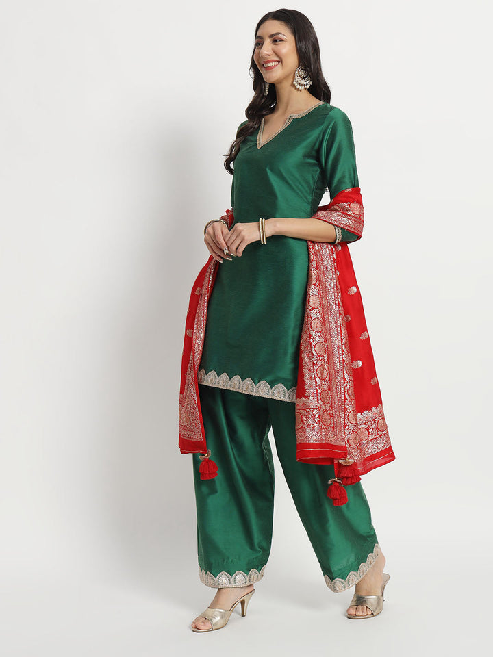 anokherang Combos Silken Shade of Green Kurti with Salwar and Red Silk Dupatta