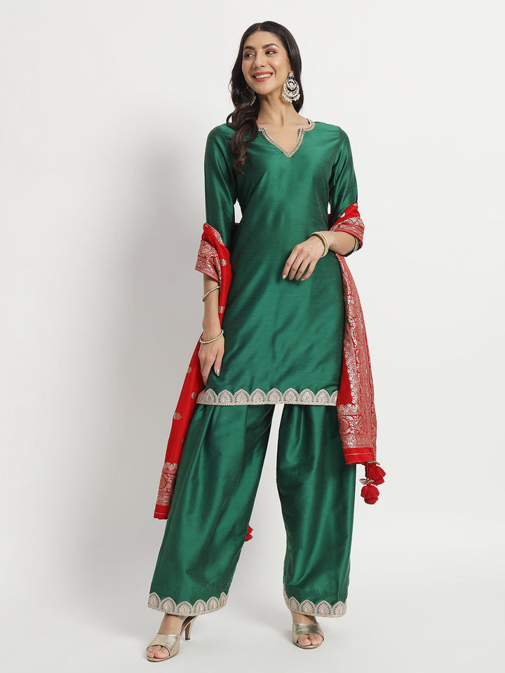 anokherang Combos Silken Shade of Green Kurti with Salwar and Red Silk Dupatta