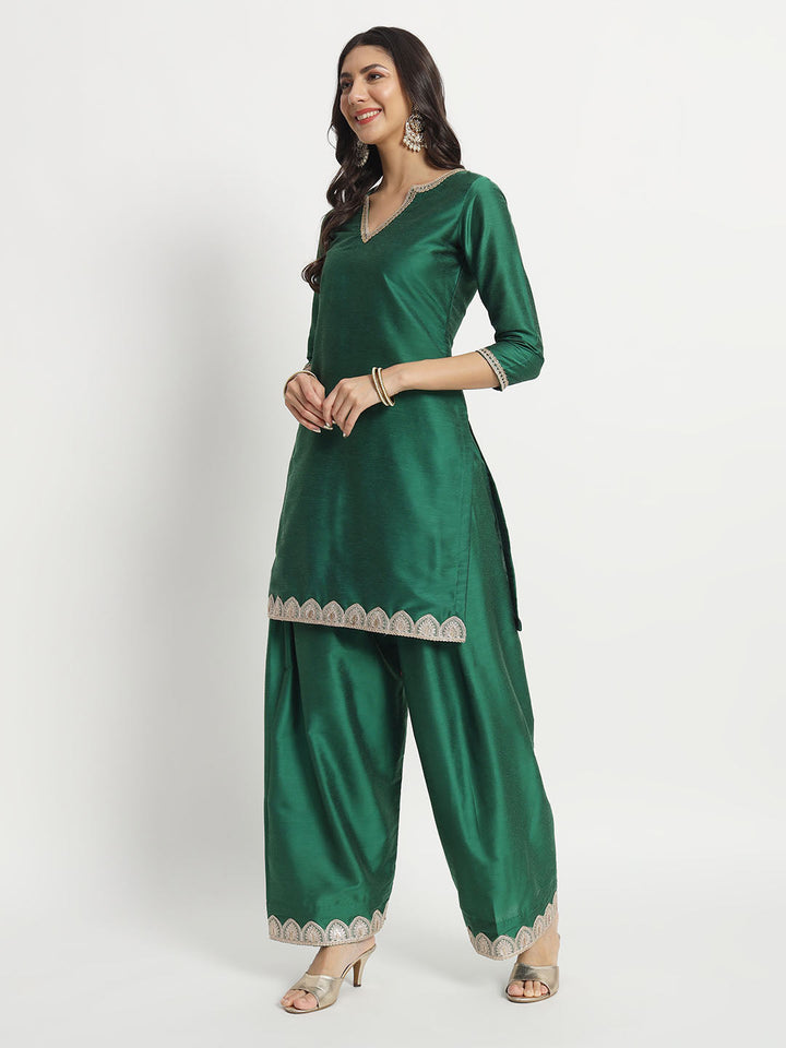 anokherang Combos Silken Shade of Green Kurti with Salwar and Red Silk Dupatta