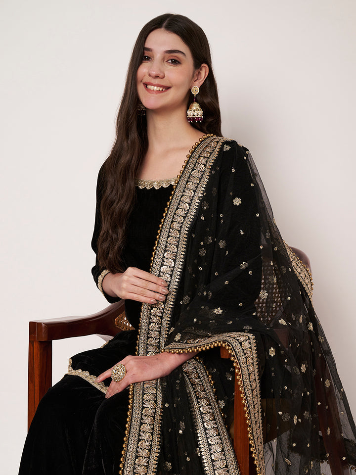 anokherang Combos Sizziling Black Velvet Kurti with Palazzo and Net Sequin Dupatta