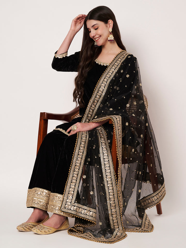 anokherang Combos Sizziling Black Velvet Kurti with Palazzo and Net Sequin Dupatta