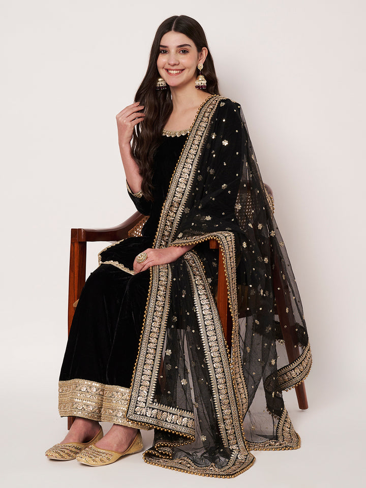 anokherang Combos Sizziling Black Velvet Kurti with Palazzo and Net Sequin Dupatta