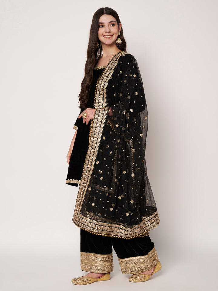 anokherang Combos Sizziling Black Velvet Kurti with Palazzo and Net Sequin Dupatta
