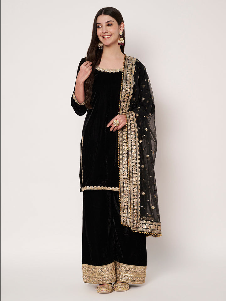 anokherang Combos Sizziling Black Velvet Kurti with Palazzo and Net Sequin Dupatta