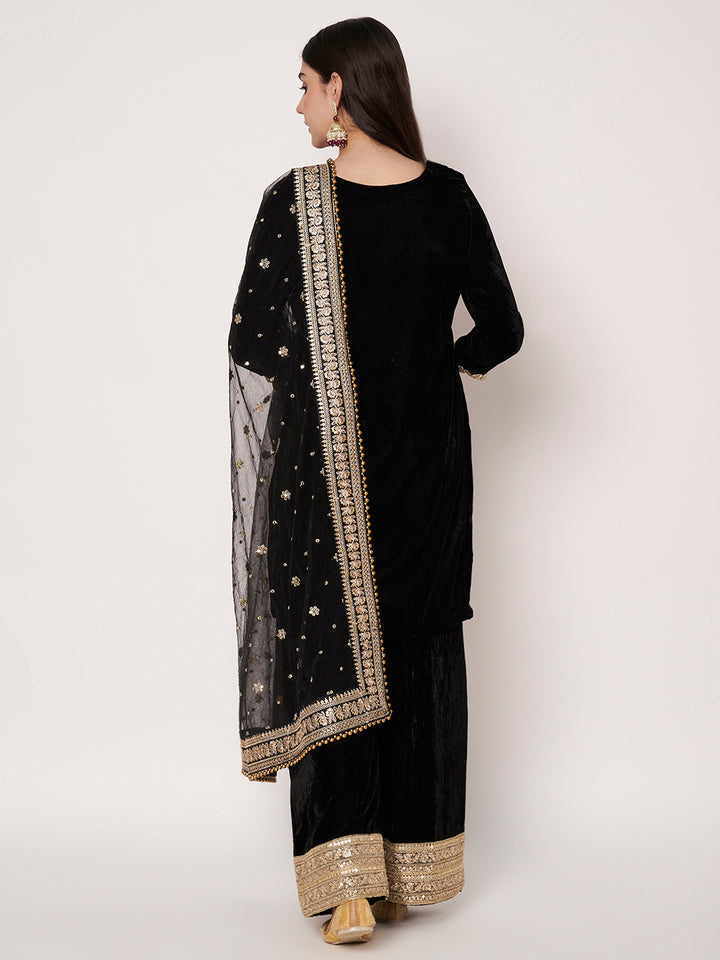 anokherang Combos Sizziling Black Velvet Kurti with Palazzo and Net Sequin Dupatta