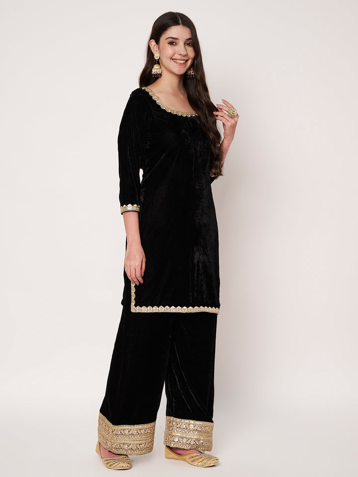 anokherang Combos Sizziling Black Velvet Kurti with Palazzo and Net Sequin Dupatta