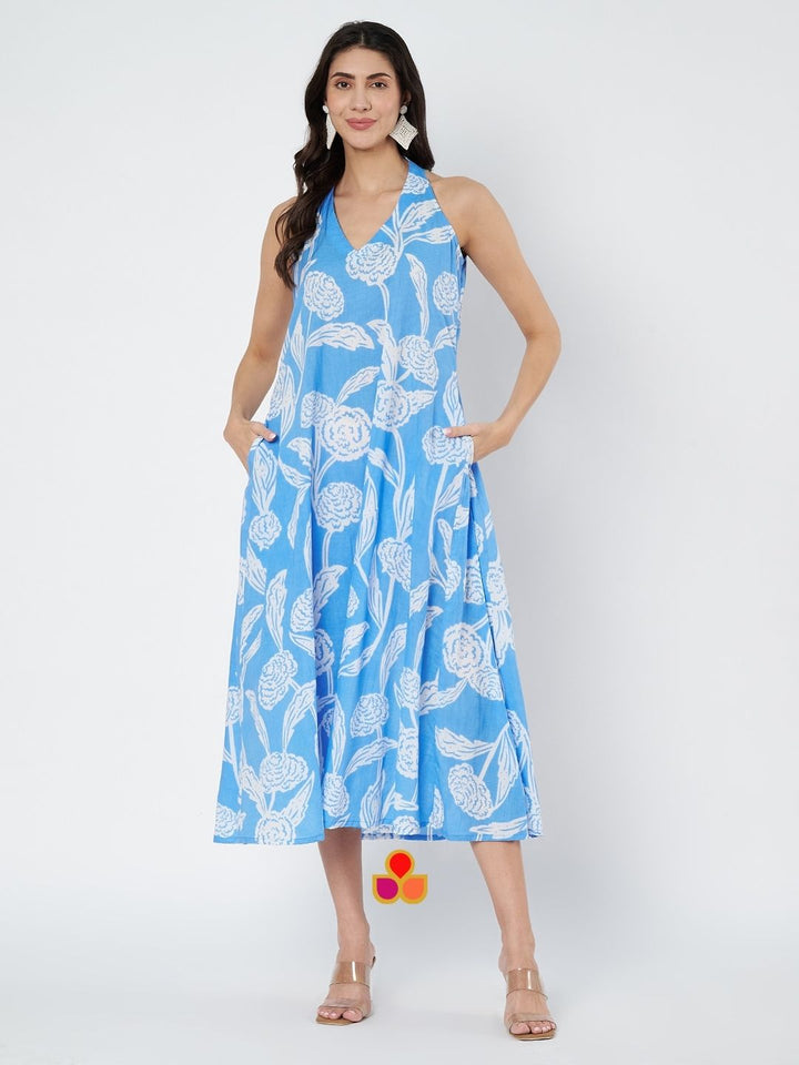 anokherang Combos Sky Blue Floral Haulter Neck A-Line Dress