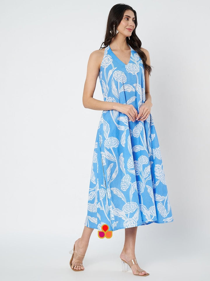 anokherang Combos Sky Blue Floral Haulter Neck A-Line Dress
