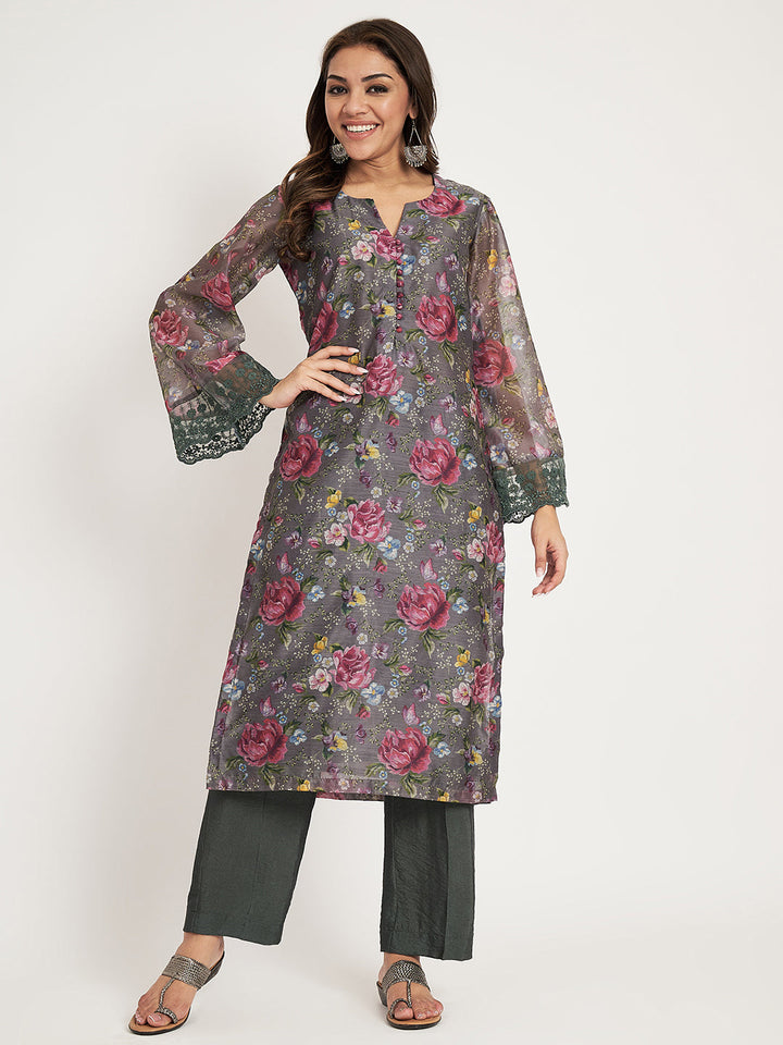 anokherang Combos Smoky Grey Printed Straight Kurti with straight pants