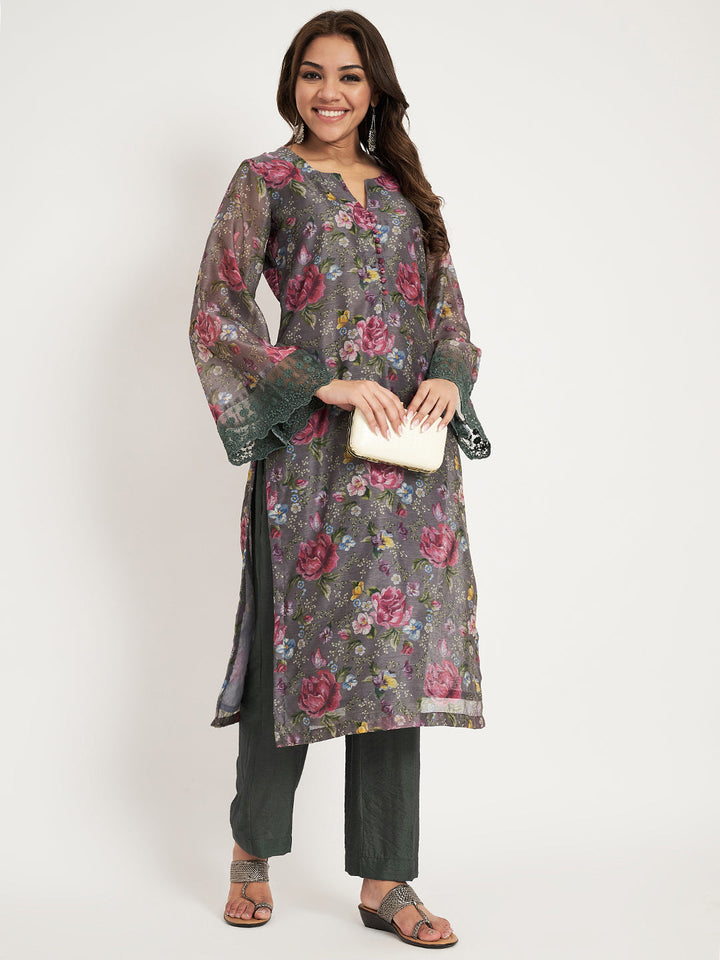 anokherang Combos Smoky Grey Printed Straight Kurti with straight pants