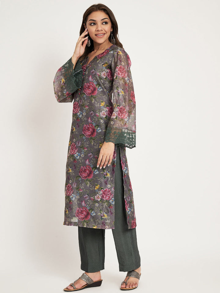 anokherang Combos Smoky Grey Printed Straight Kurti with straight pants