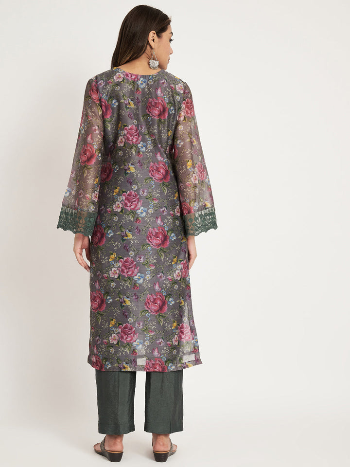 anokherang Combos Smoky Grey Printed Straight Kurti with straight pants