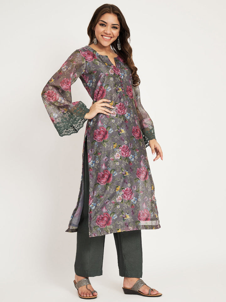anokherang Combos Smoky Grey Printed Straight Kurti with straight pants