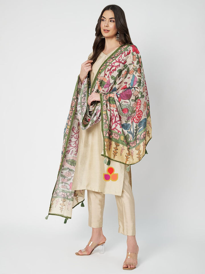anokherang Combos Soft Ivory Silk Kurti with Straight Pants and Floral Printed Silk Dupatta