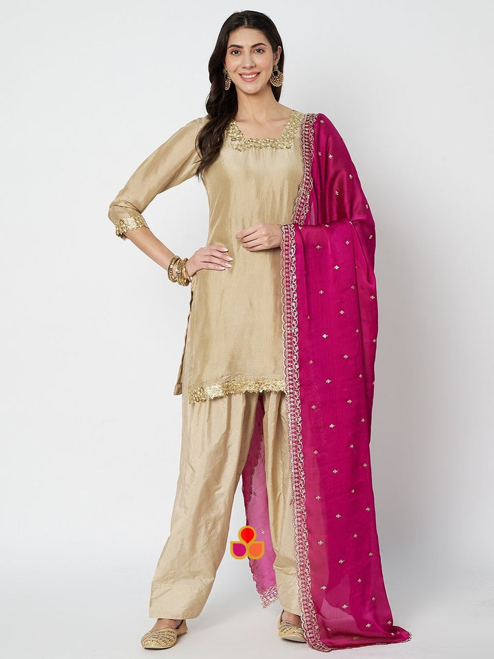 anokherang Combos Soft Ivory Silk Straight Kurta with Salwar and Embroidered Silk Dupatta