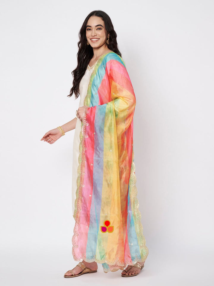 anokherang Combos Soft Ivory Silk Straight Kurti with Straight Salwar and Multicolor Organza Dupatta