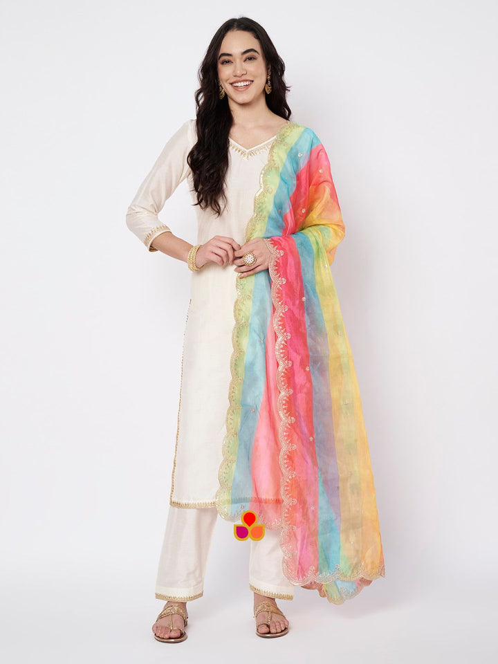 anokherang Combos Soft Ivory Silk Straight Kurti with Straight Salwar and Multicolor Organza Dupatta