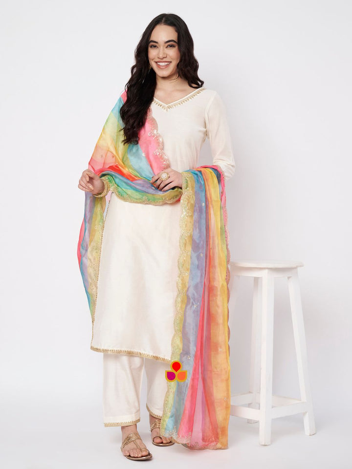 anokherang Combos Soft Ivory Silk Straight Kurti with Straight Salwar and Multicolor Organza Dupatta