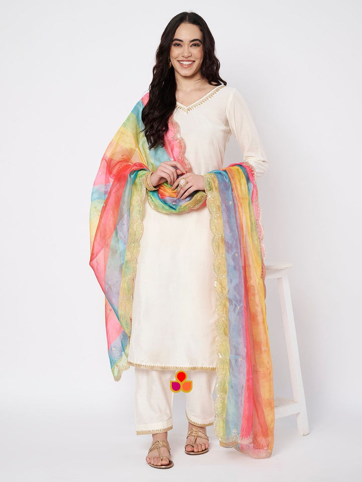 anokherang Combos Soft Ivory Silk Straight Kurti with Straight Salwar and Multicolor Organza Dupatta