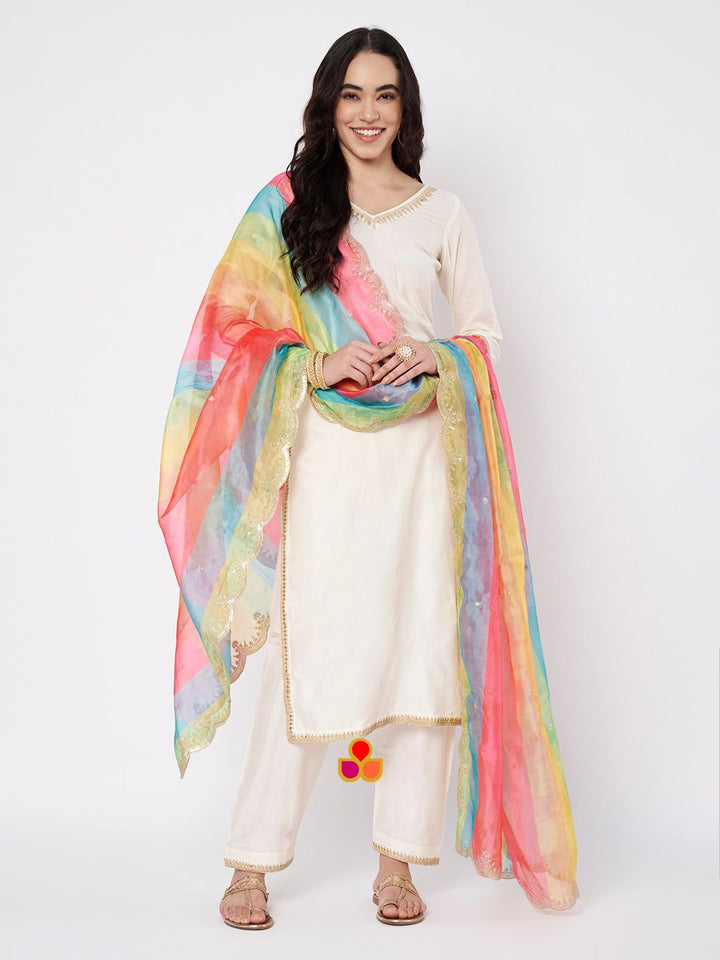 anokherang Combos Soft Ivory Silk Straight Kurti with Straight Salwar and Multicolor Organza Dupatta
