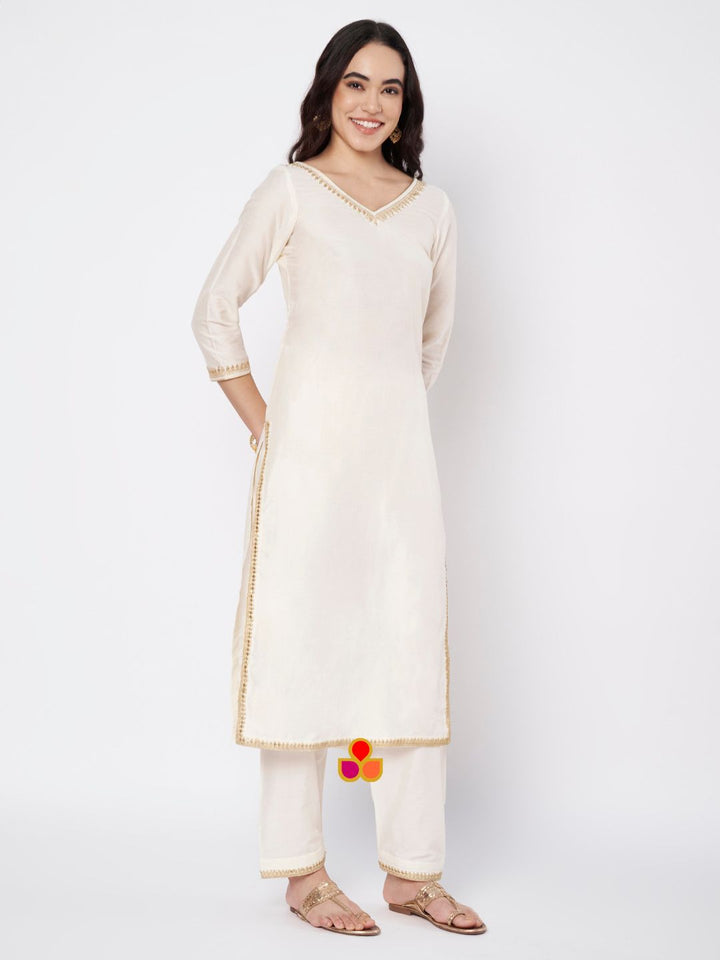 anokherang Combos Soft Ivory Silk Straight Kurti with Straight Salwar and Multicolor Organza Dupatta