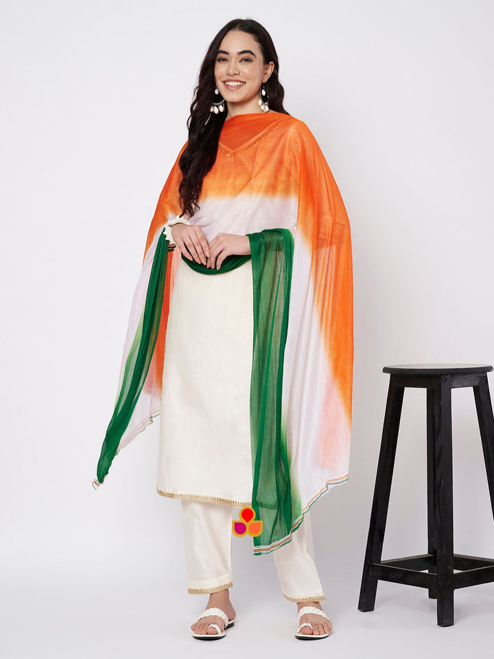 anokherang Combos Soft Ivory Silk Straight Kurti with Straight Salwar and Tricolor Net Dupatta