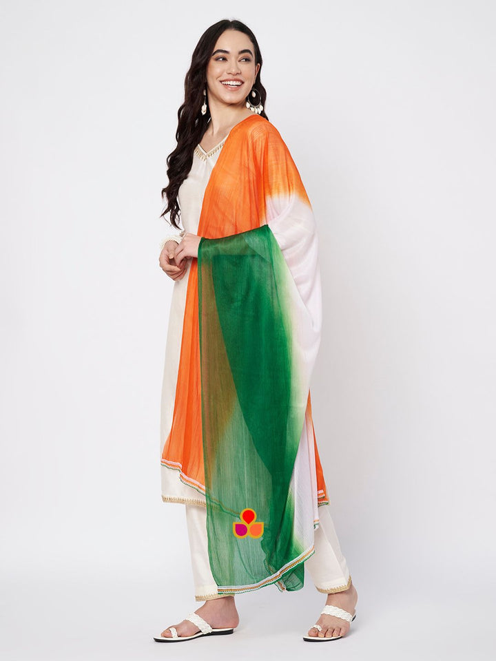 anokherang Combos Soft Ivory Silk Straight Kurti with Straight Salwar and Tricolor Net Dupatta