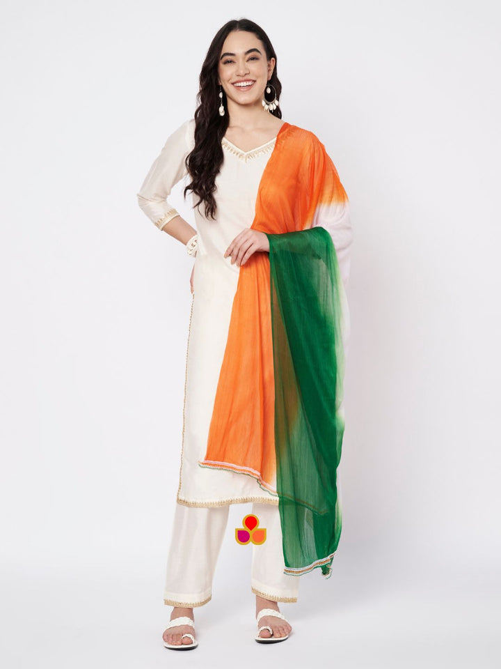 anokherang Combos Soft Ivory Silk Straight Kurti with Straight Salwar and Tricolor Net Dupatta