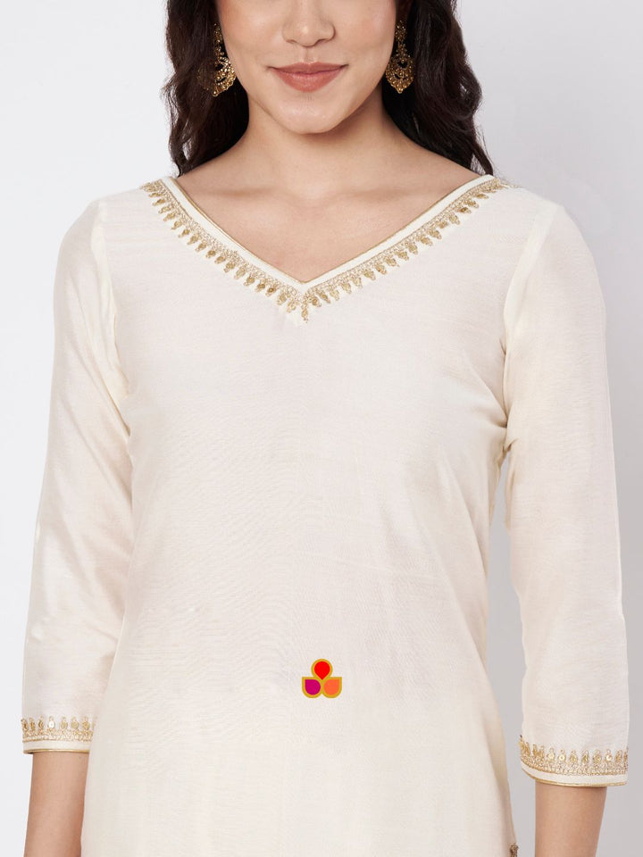 anokherang Combos Soft Ivory Silk Straight Kurti with Straight Salwar and Tricolor Net Dupatta