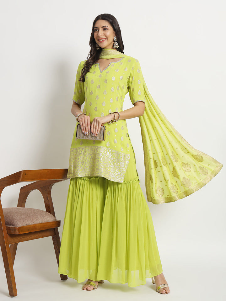 anokherang Combos Spring Bud Green Short Kurti with Sharara and Silk Bararsi Dupatta